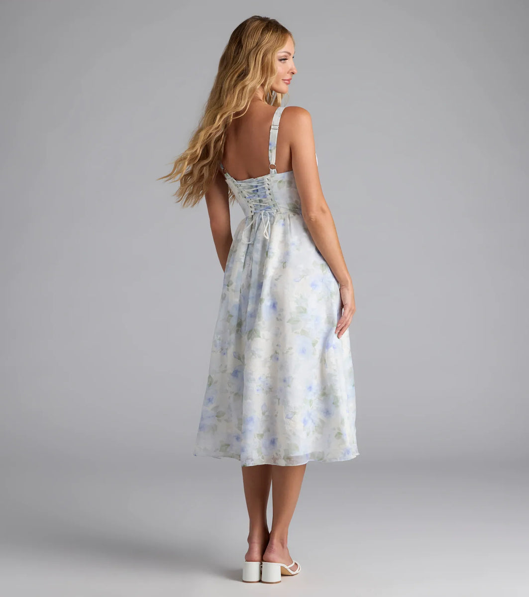Romantic Floral Chiffon Pleated Midi Dress