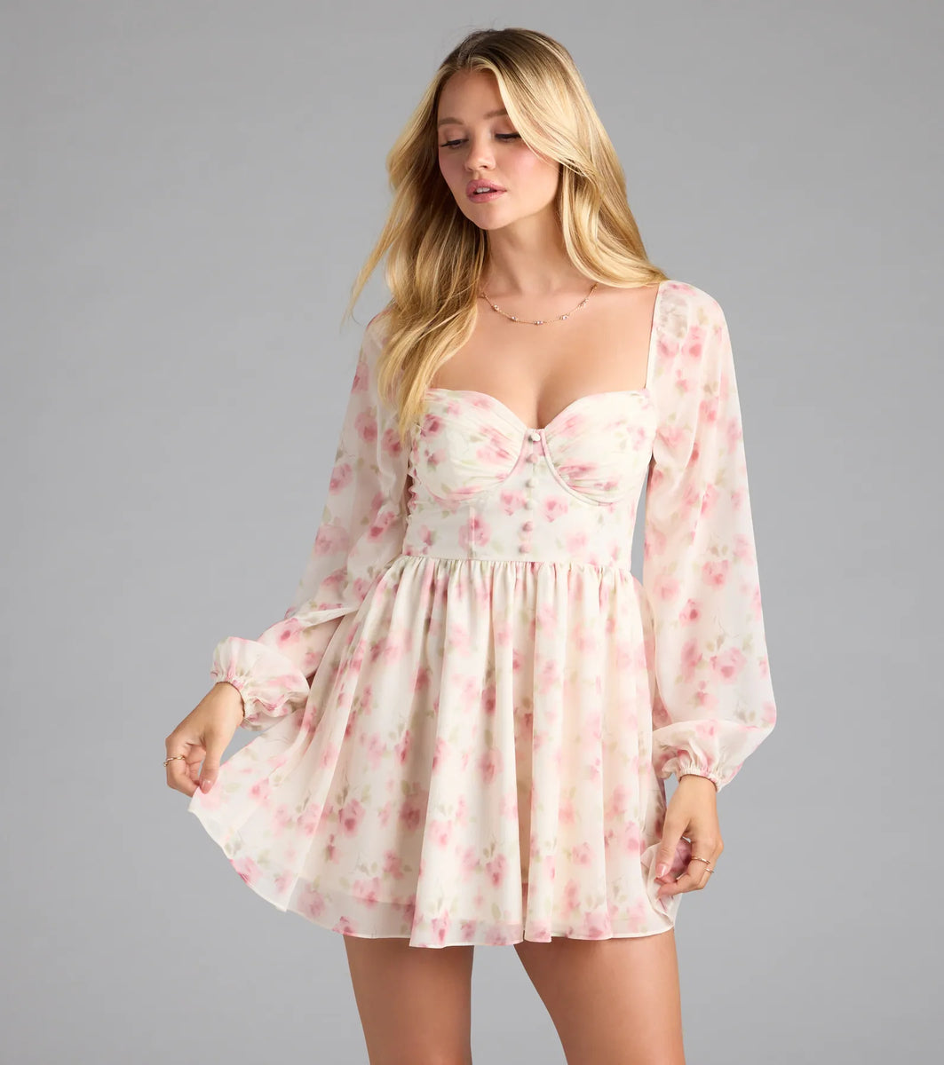 Elevated Outing Floral Long Sleeve Chiffon Skater Dress & Windsor
