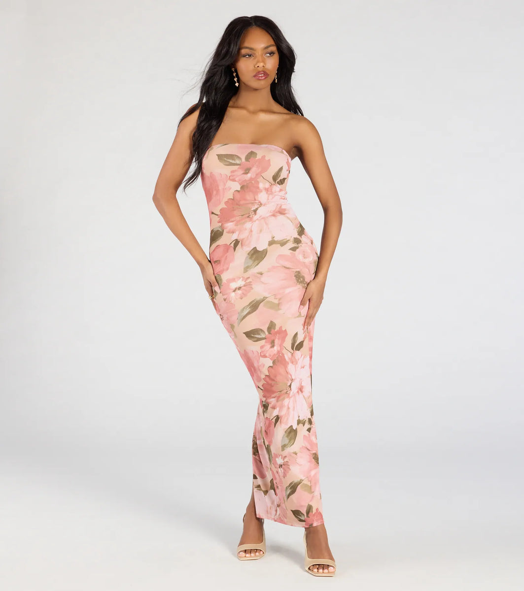 Major Beauty Floral Satin Strapless Maxi Dress