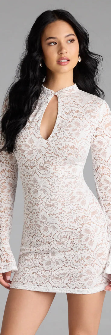 Flaunt your silhouette in the tight Looking Lovely Lace Bell Sleeve Mini Dress in white, a bodycon dress that empowers your look with bold style and effortless edge.