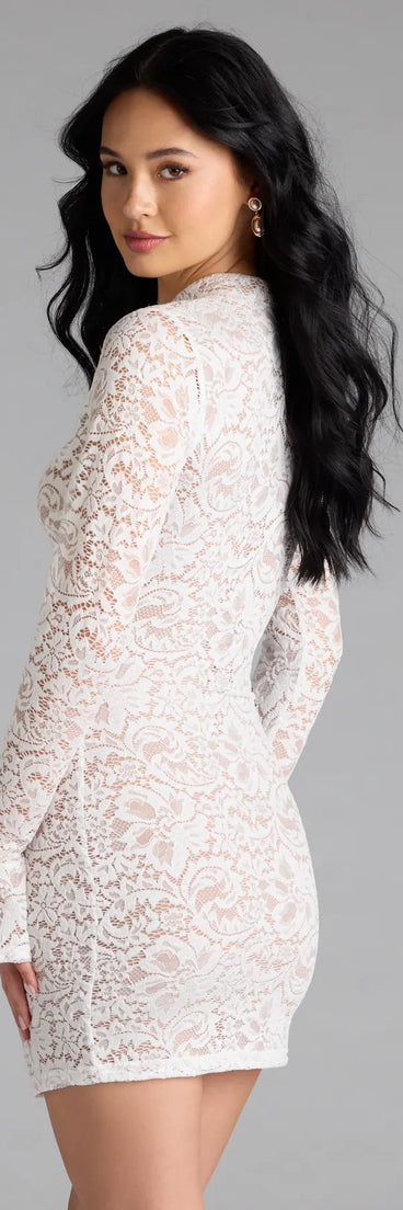 Flaunt your silhouette in the tight Looking Lovely Lace Bell Sleeve Mini Dress in white, a bodycon dress that empowers your look with bold style and effortless edge.