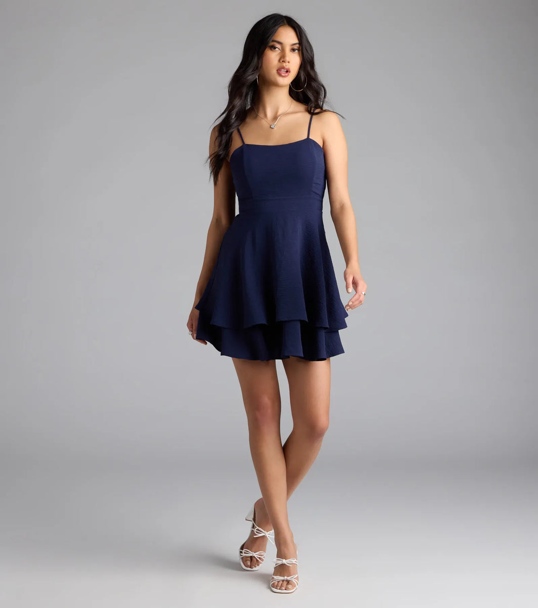 Satin Deep V Ruffle Skater Dress Wine