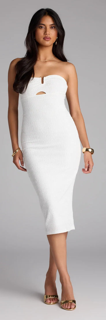 The Sweetheart Status Tube Midi Dress in white features a flattering fit and mid-calf hem, redefining effortless midi dresses for any occasion.
