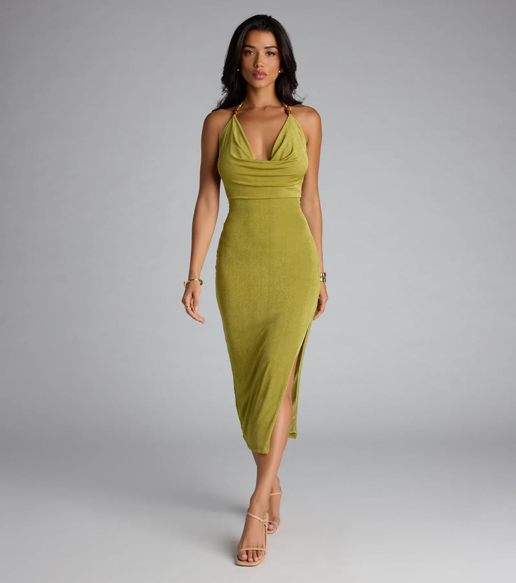 Chic Paradise Halter Open Back Slit Midi Dress | Windsor