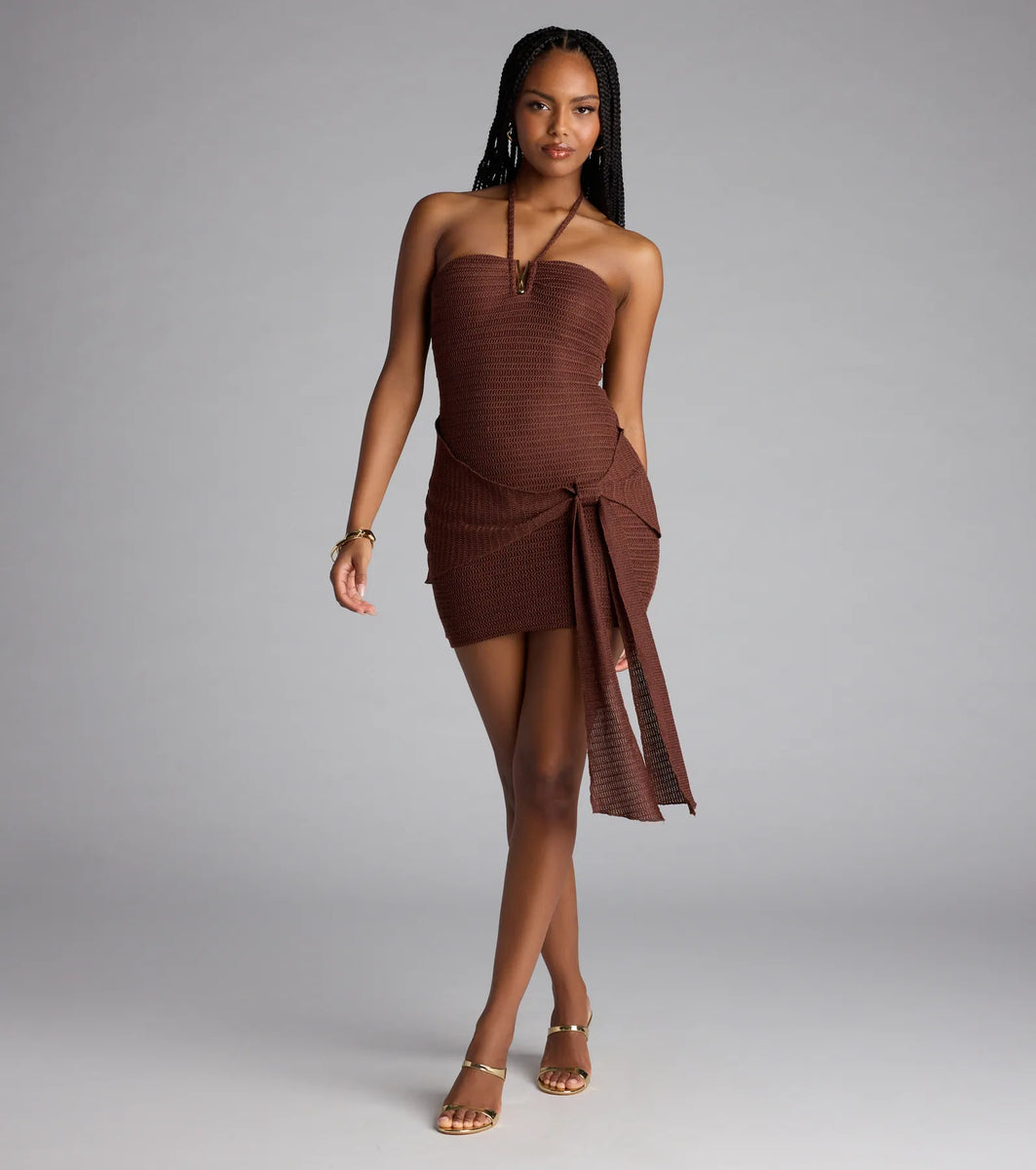 slim fit dress slacks Bold Fuschia Sexy Mini Dress: Tight Cross Halter Ruched O-Ring Festival Fuchsia / S