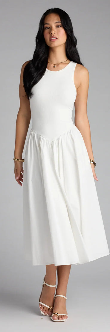 The Romantic Sunny Days Crew Neck Poplin Midi Dress in white features a flattering fit and mid-calf hem, redefining effortless midi dresses for any occasion.