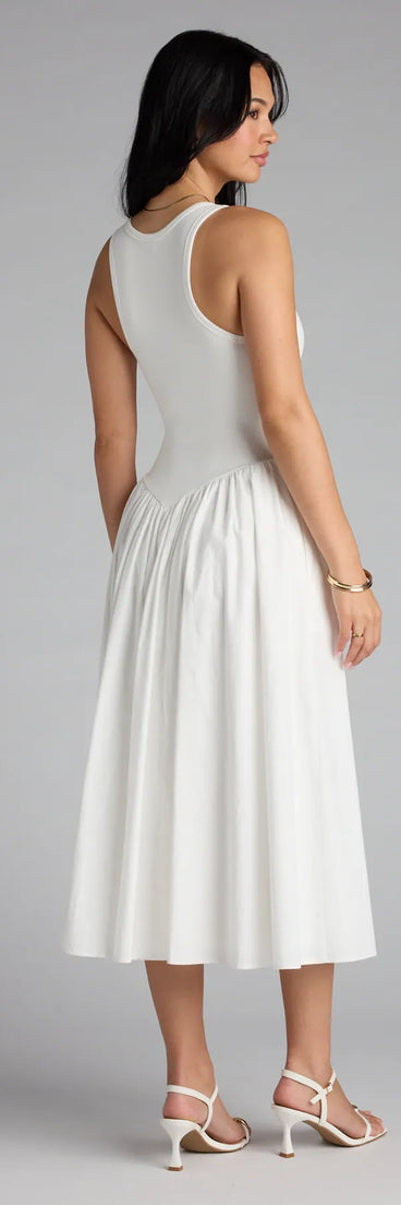 The Romantic Sunny Days Crew Neck Poplin Midi Dress in white features a flattering fit and mid-calf hem, redefining effortless midi dresses for any occasion.