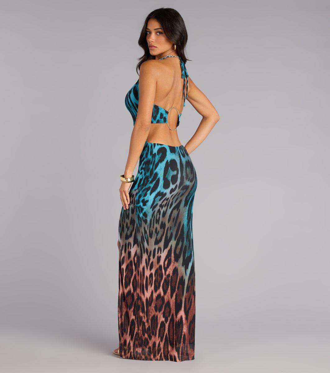 leopard print maxi dress Leopard Print Mesh Maxi Dress M main image 1