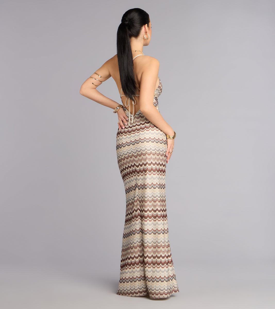 chevron bodycon maxi dress Sunset Plans Chevron Crochet Maxi Dress in Ivory | Size: L | Knit Fabric