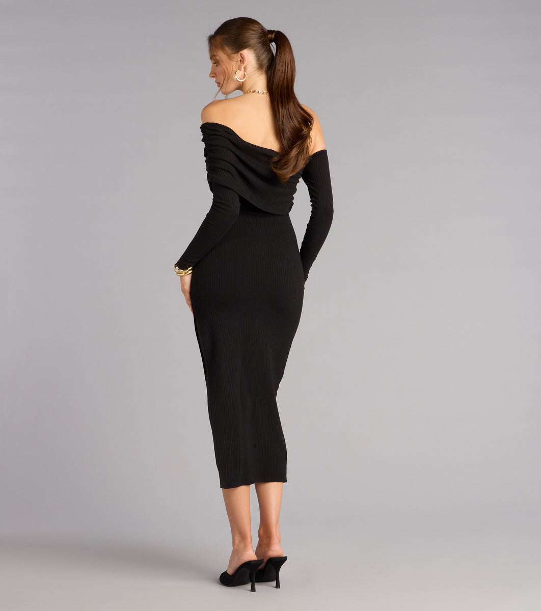Sweep Me Away Ribbed Off Shoulder Midi Dress in Black | Size: Xs | Knit Fabric | Windsor Sweep Me Away Ribbed Off Shoulder Midi Dress in Black | Size: Xs | Knit Fabric | Windsor