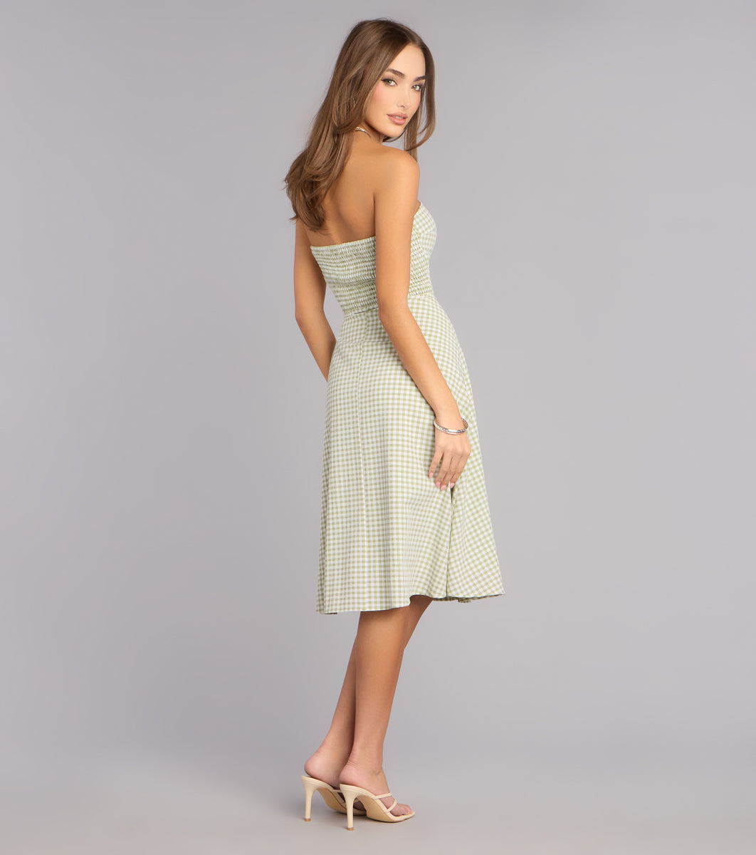 Windsor Sunny Day Cutie Gingham Midi Dress in Sage | Size: M | Knit Fabric/Woven Fabric