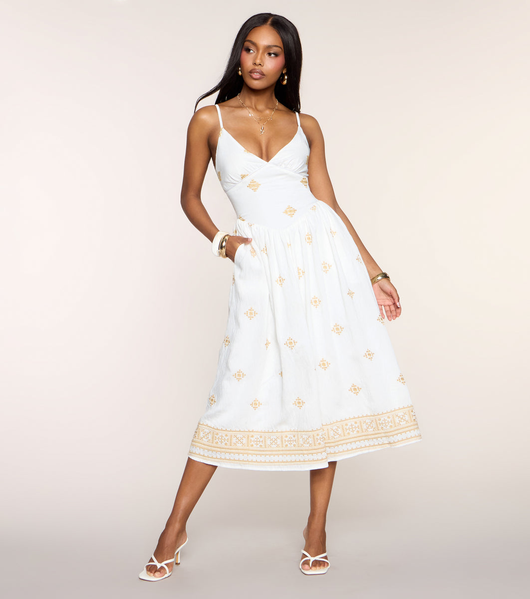 white dress embroidered flowers Weekend Wandering Embroidered A-Line Midi Dress