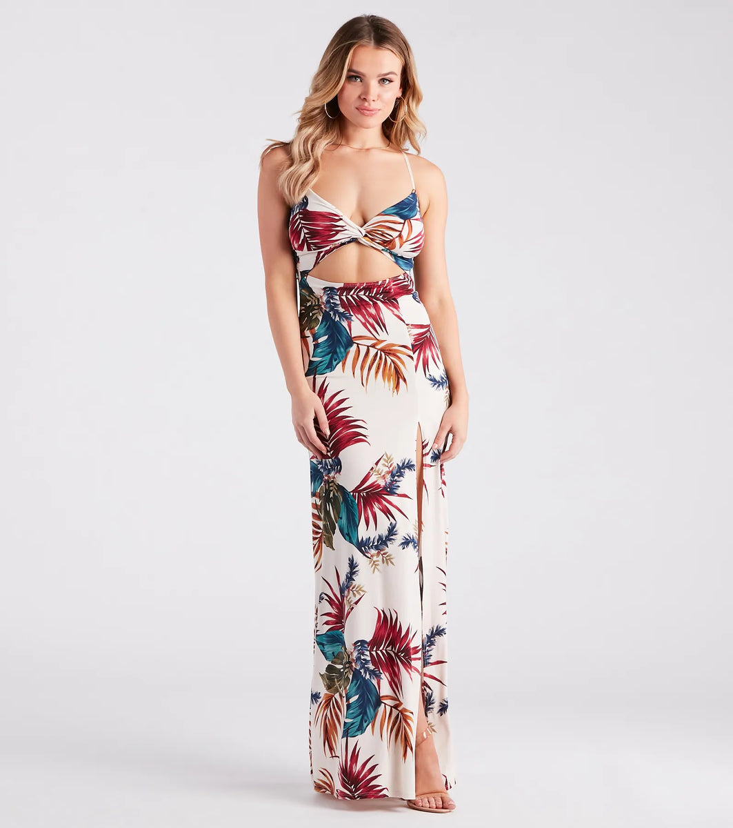 Vacation Awaits Tropical Print Cutout Maxi Dress | Windsor