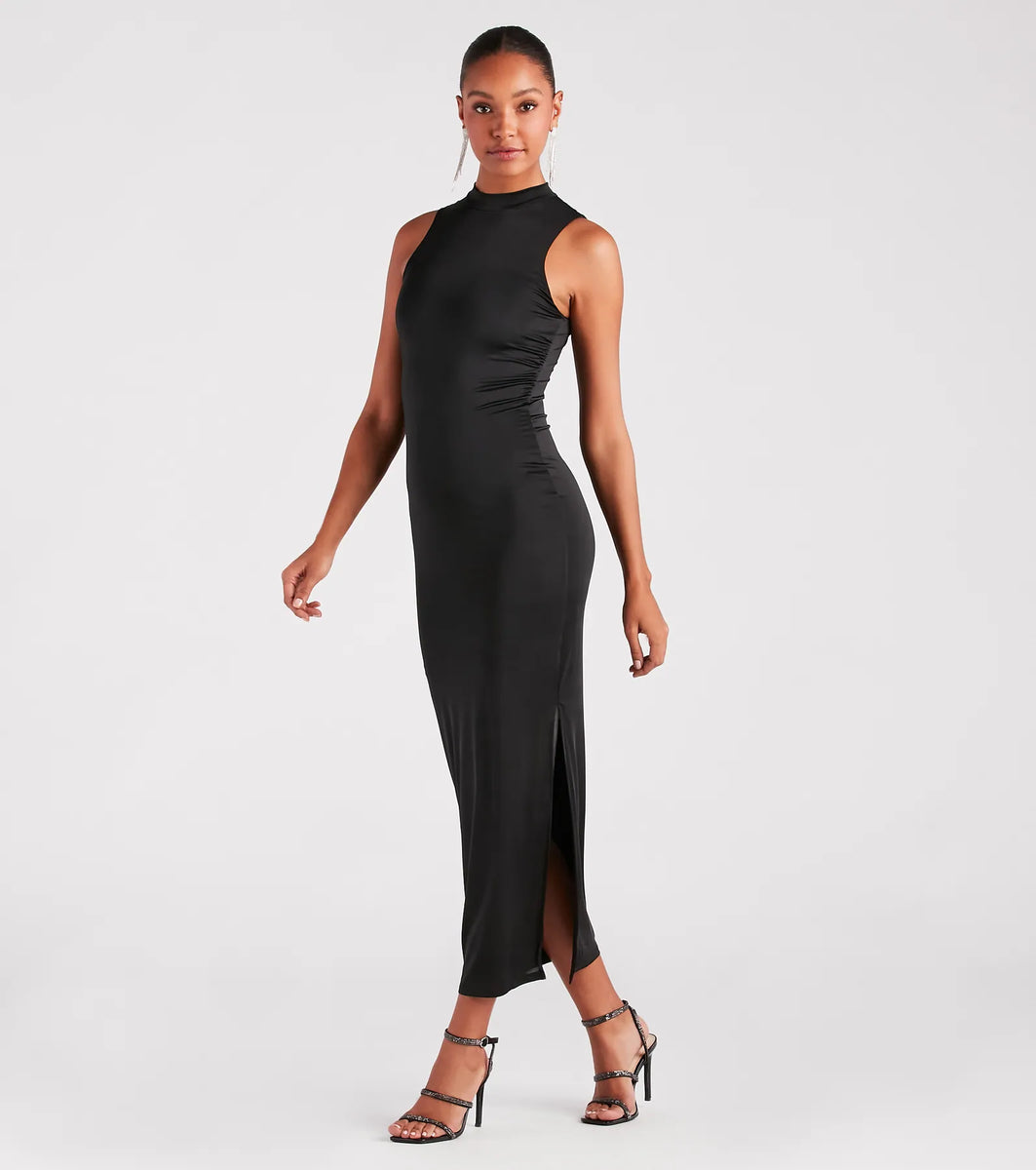 Mock-Neck Maxi Dress with Front Tie - Sleek Sleeveless Silhouette