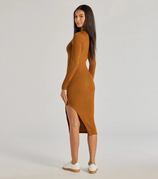 The All Things Cozy High Slit Knit Midi Dress is a cognac dress, an essential holiday or NYE dress that pairs chic style with versatility making it perfect for cocktail events, New Year's Eve parties, or as a winter wedding guest look.