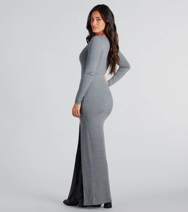 Stay stylish and warm in the Elevated Vibes Ribbed Knit High Slit Maxi Dress, a textured knit sweater dress that's ideal for a winter date-night outfit or a chic brunch look.