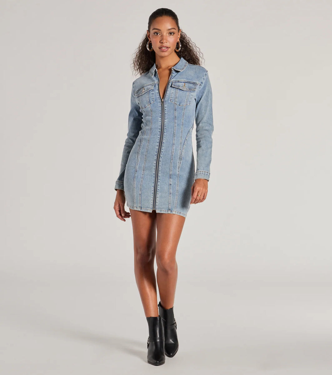 Sweet Looking Long Sleeve Denim Mini Dress | Windsor Sweet Looking Long Sleeve Denim Mini Dress | Windsor