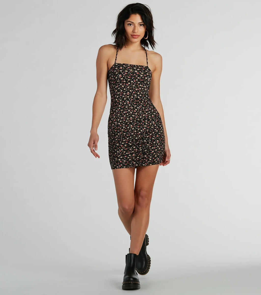 Ortn Floral Print Lace Inset Mini Dress main image 1