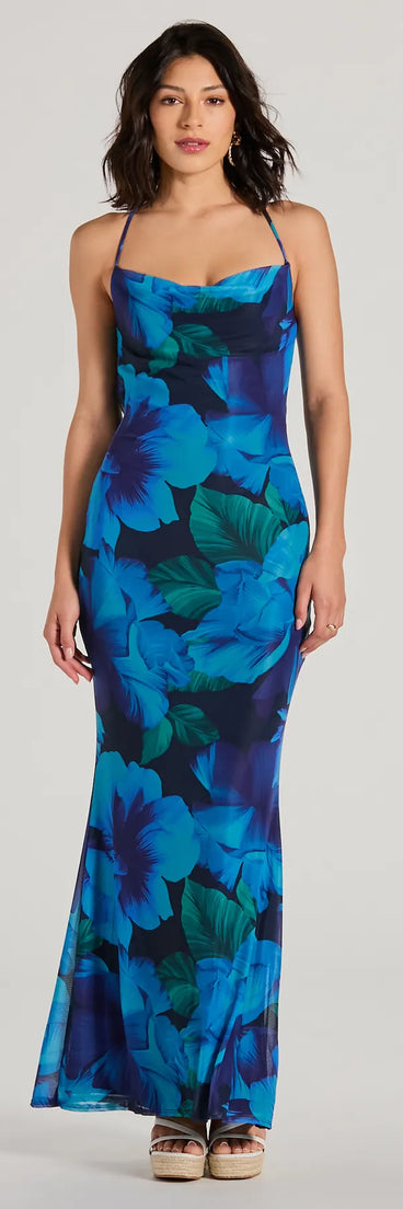Ocean Breeze Cowl Neck Low Back Tropical Maxi Dress
