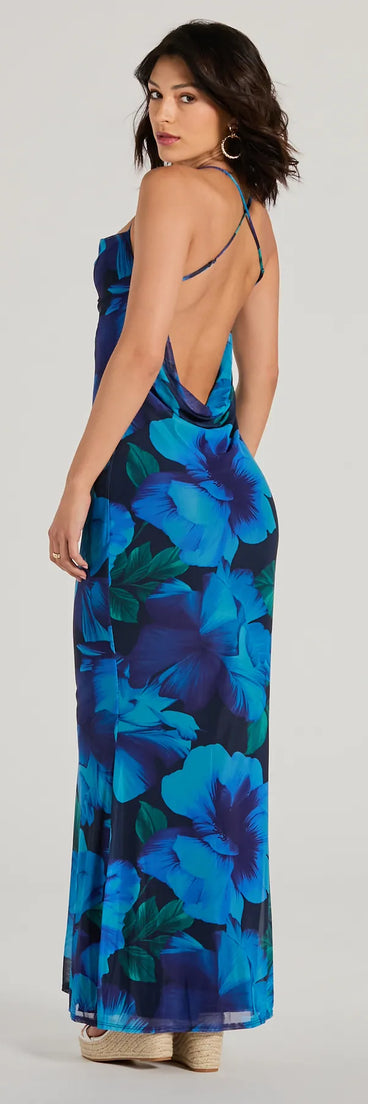 Ocean Breeze Cowl Neck Low Back Tropical Maxi Dress