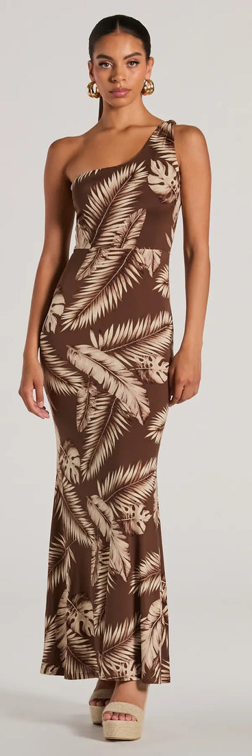 Out Of Office One Shoulder Tropical Maxi Dress