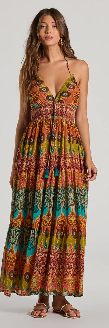Summer Dreams Halter V-Neck Boho Chiffon Maxi Dress