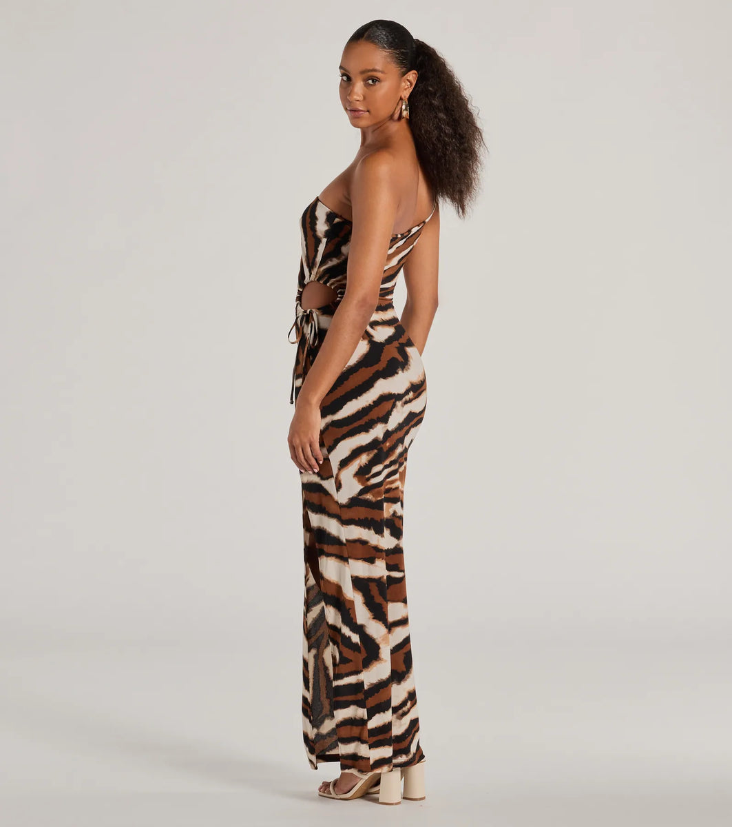 zebra print formal dress A Little Wild One-Shoulder Zebra Print Maxi Dress