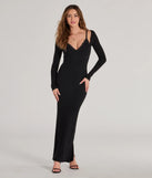 The stunning Layered In Glam Ribbed Knit Long Sleeve Maxi Dress provides a chic silhouette and party-ready details that make it a standout black dress for cocktail events, New Year's Eve parties, or as a winter wedding guest look.