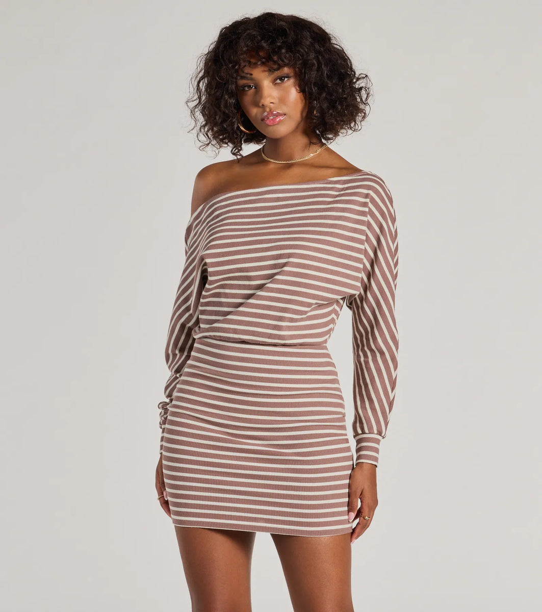 knee length dresses for ladies Tosie Long Sleeve Off Shoulder Mini Dress | Blue Stripe | Womens