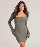 Make a statement in the Casual Perfection Long Sleeve Knit Mini Dress, a olive green bodycon dresses that blends unique design details with a tight silhouette for a head-turning holiday or New Year's eve dress.