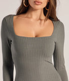 Make a statement in the Casual Perfection Long Sleeve Knit Mini Dress, a olive green bodycon dresses that blends unique design details with a tight silhouette for a head-turning holiday or New Year's eve dress.