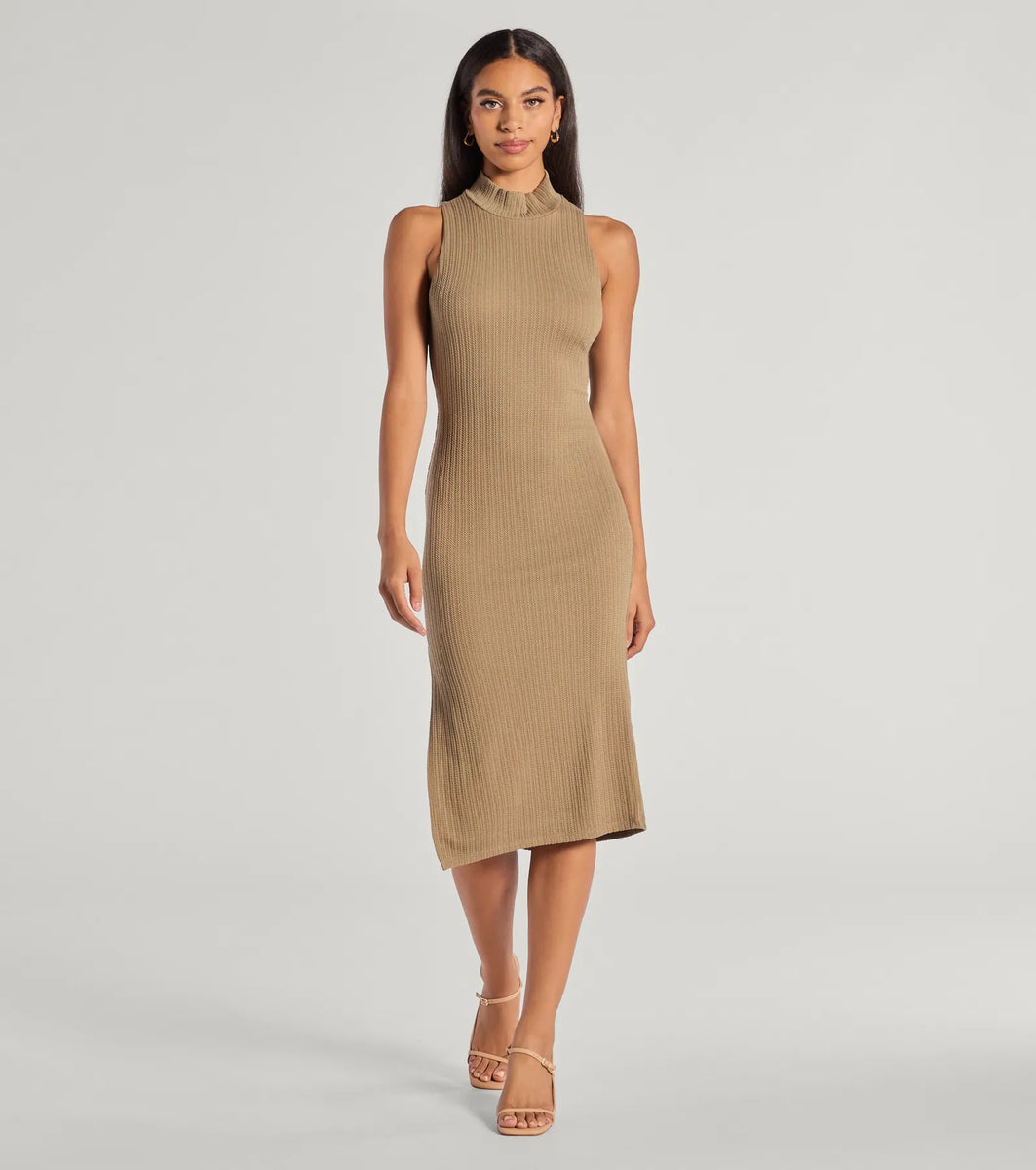 Striped Dress Topshop Knitted Dress Rent Topshop Knitted Sleeveless Funnel Midi  Dress In Camel Hirestreet