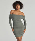 Make a statement in the Flawless Style Knit Off-The-Shoulder Long Sleeve Mini Dress, a olive green bodycon dresses that blends unique design details with a tight silhouette for a head-turning holiday or New Year's eve dress.
