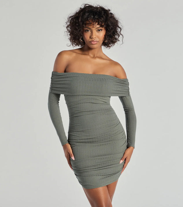 Make a statement in the Flawless Style Knit Off-The-Shoulder Long Sleeve Mini Dress, a olive green bodycon dresses that blends unique design details with a tight silhouette for a head-turning holiday or New Year's eve dress.