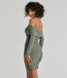 Make a statement in the Flawless Style Knit Off-The-Shoulder Long Sleeve Mini Dress, a olive green bodycon dresses that blends unique design details with a tight silhouette for a head-turning holiday or New Year's eve dress.