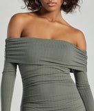 Make a statement in the Flawless Style Knit Off-The-Shoulder Long Sleeve Mini Dress, a olive green bodycon dresses that blends unique design details with a tight silhouette for a head-turning holiday or New Year's eve dress.