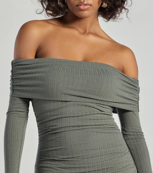 Make a statement in the Flawless Style Knit Off-The-Shoulder Long Sleeve Mini Dress, a olive green bodycon dresses that blends unique design details with a tight silhouette for a head-turning holiday or New Year's eve dress.