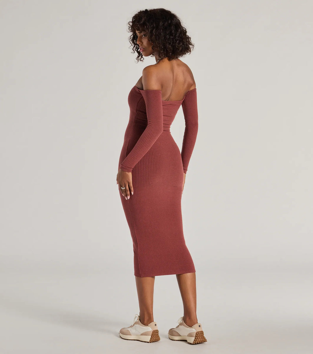 Carefree Chic Long Sleeve Ribbed Knit Midi Dress | Windsor