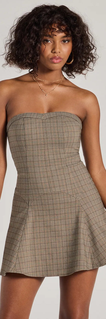 Adorable Look Plaid Print Strapless Skater Dress, a trendy taupe mini dress featuring modern details and a fresh seasonal hue, perfect for creating chic 2025 looks.