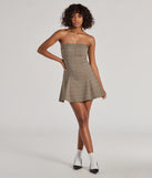 The Adorable Look Plaid Print Strapless Skater Dress is a taupe dress, an essential holiday or NYE dress that pairs chic style with versatility making it perfect for cocktail events, New Year's Eve parties, or as a winter wedding guest look.