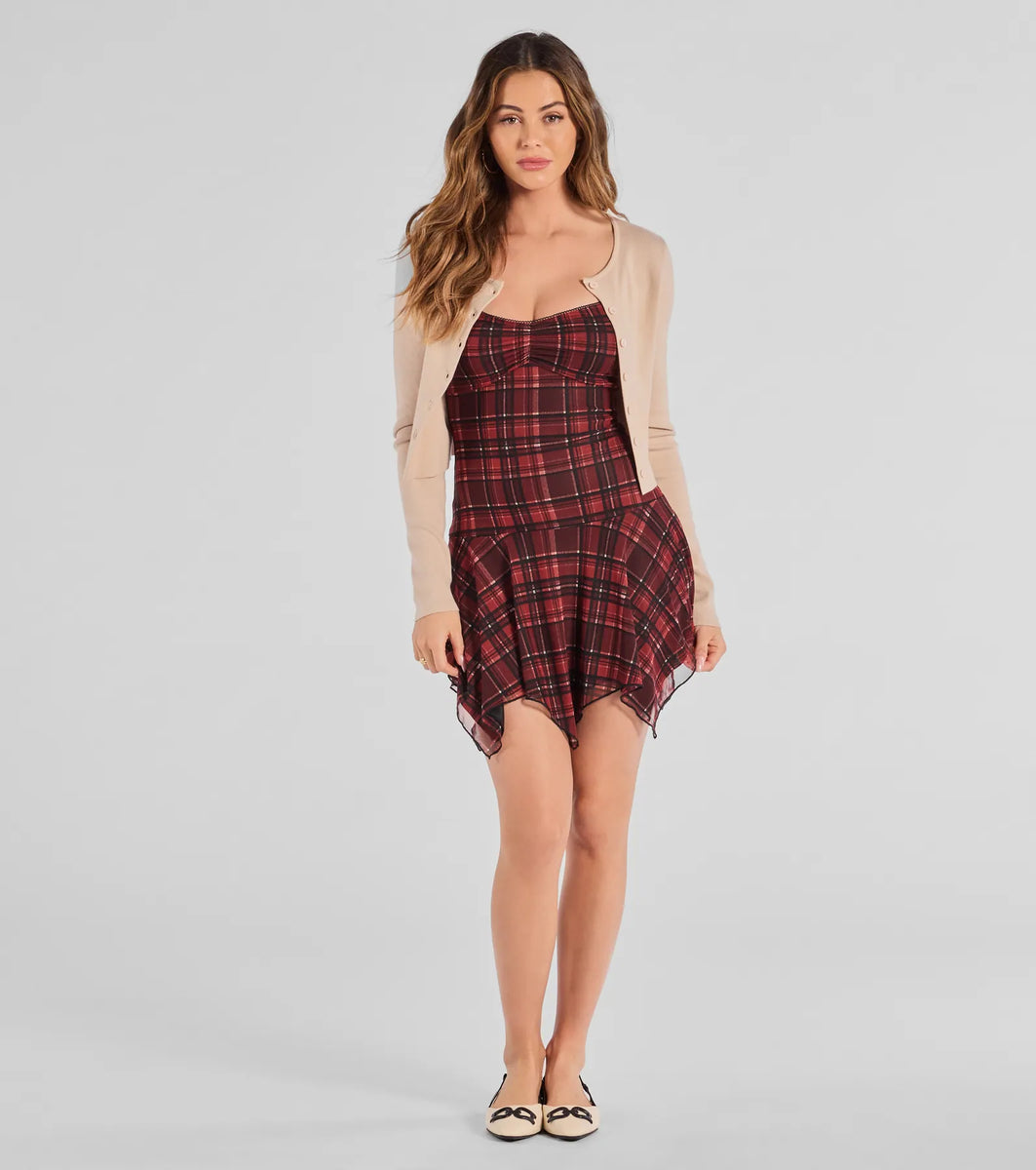 Edgy In Plaid Scoop Neck Mesh Mini Dress & Windsor