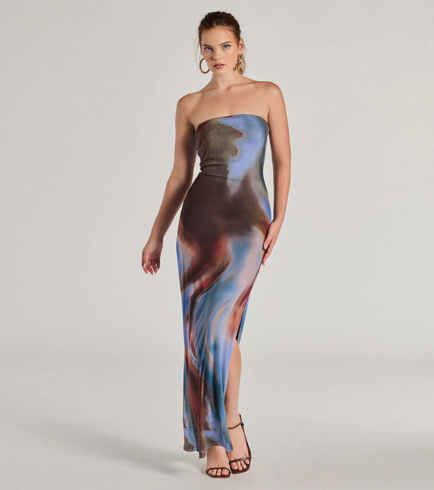 Make a statement in the Chic Showstopper Abstract Print Mesh Maxi Dress, a multi-color bodycon dresses that blends unique design details with a tight silhouette for a head-turning holiday or New Year's eve dress.
