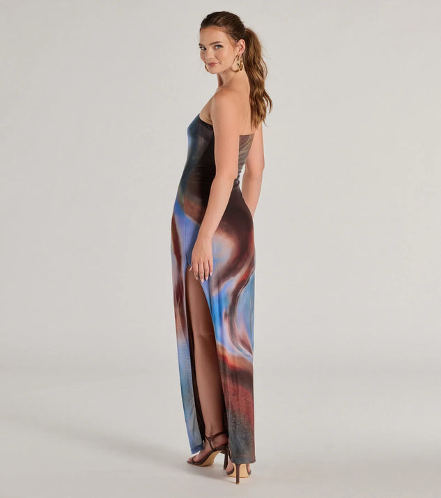 Make a statement in the Chic Showstopper Abstract Print Mesh Maxi Dress, a multi-color bodycon dresses that blends unique design details with a tight silhouette for a head-turning holiday or New Year's eve dress.