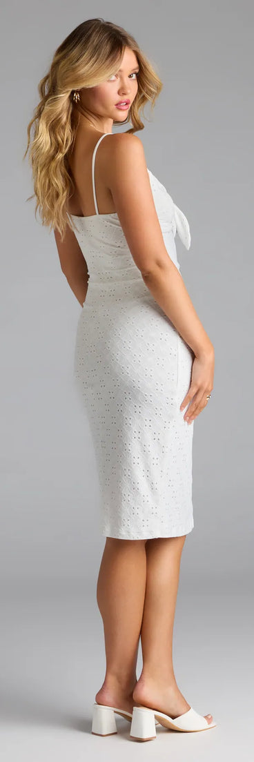 Shine with confidence, elegance, and standout style in the Adorable Looks Tie Front Bodycon Midi Dress—a white graduation dress designed with a fresh silhouette and the latest trends.