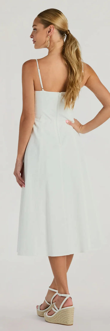 The Flawless Beauty Cutout A-Line Midi Dress in ivory features a flattering fit and mid-calf hem, redefining effortless midi dresses for any occasion.