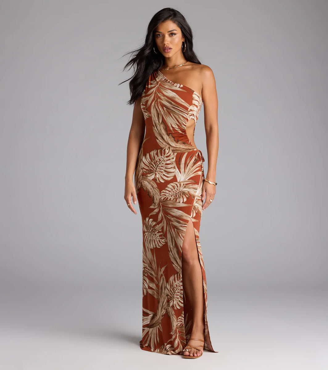 Island Style One-Shoulder Slit Tropical Maxi Dress | Windsor Island Style One-Shoulder Slit Tropical Maxi Dress | Windsor