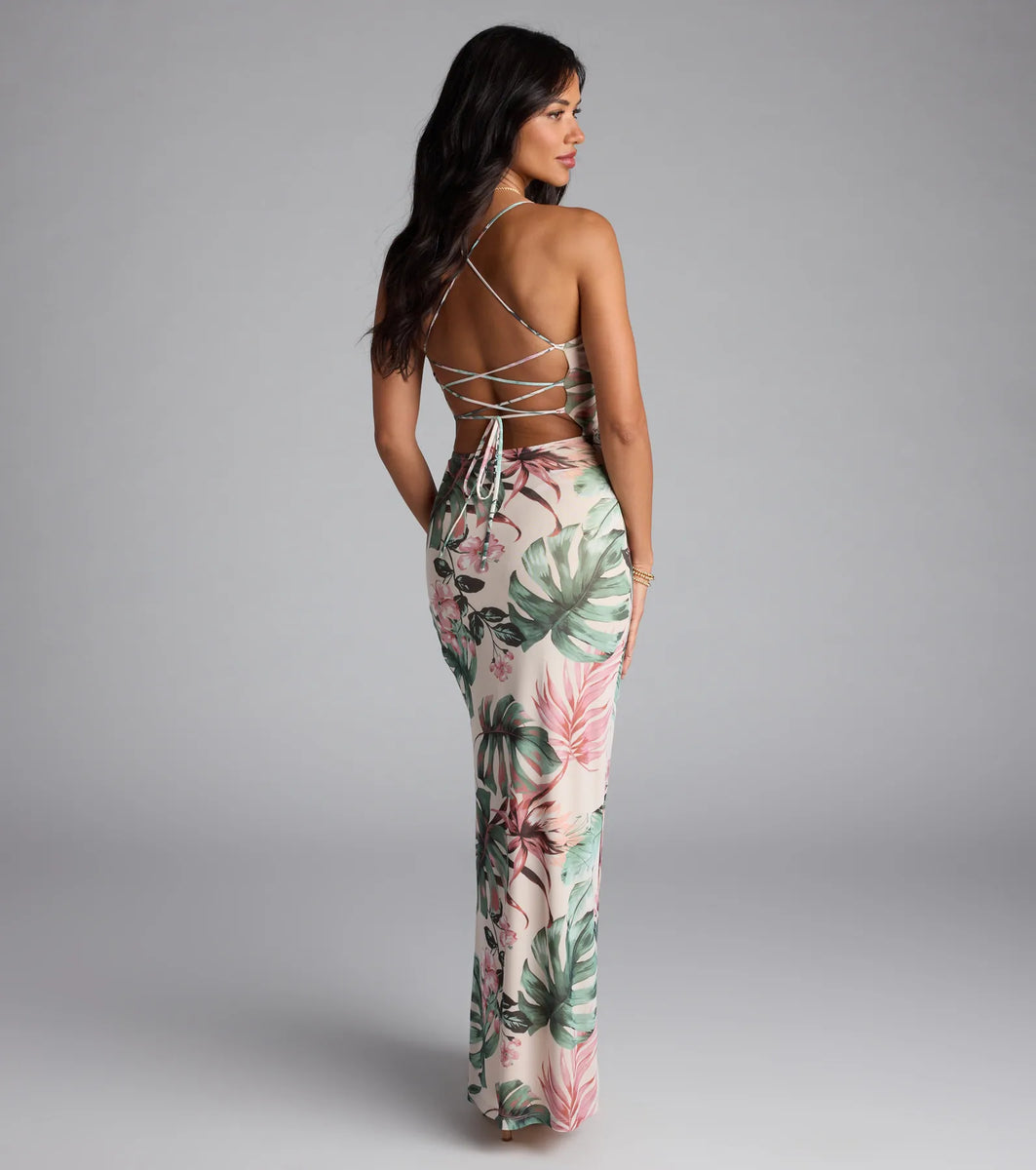 Kiss The Sun Tropical Lace-Up Slit Maxi Dress | Windsor Kiss The Sun Tropical Lace-Up Slit Maxi Dress | Windsor