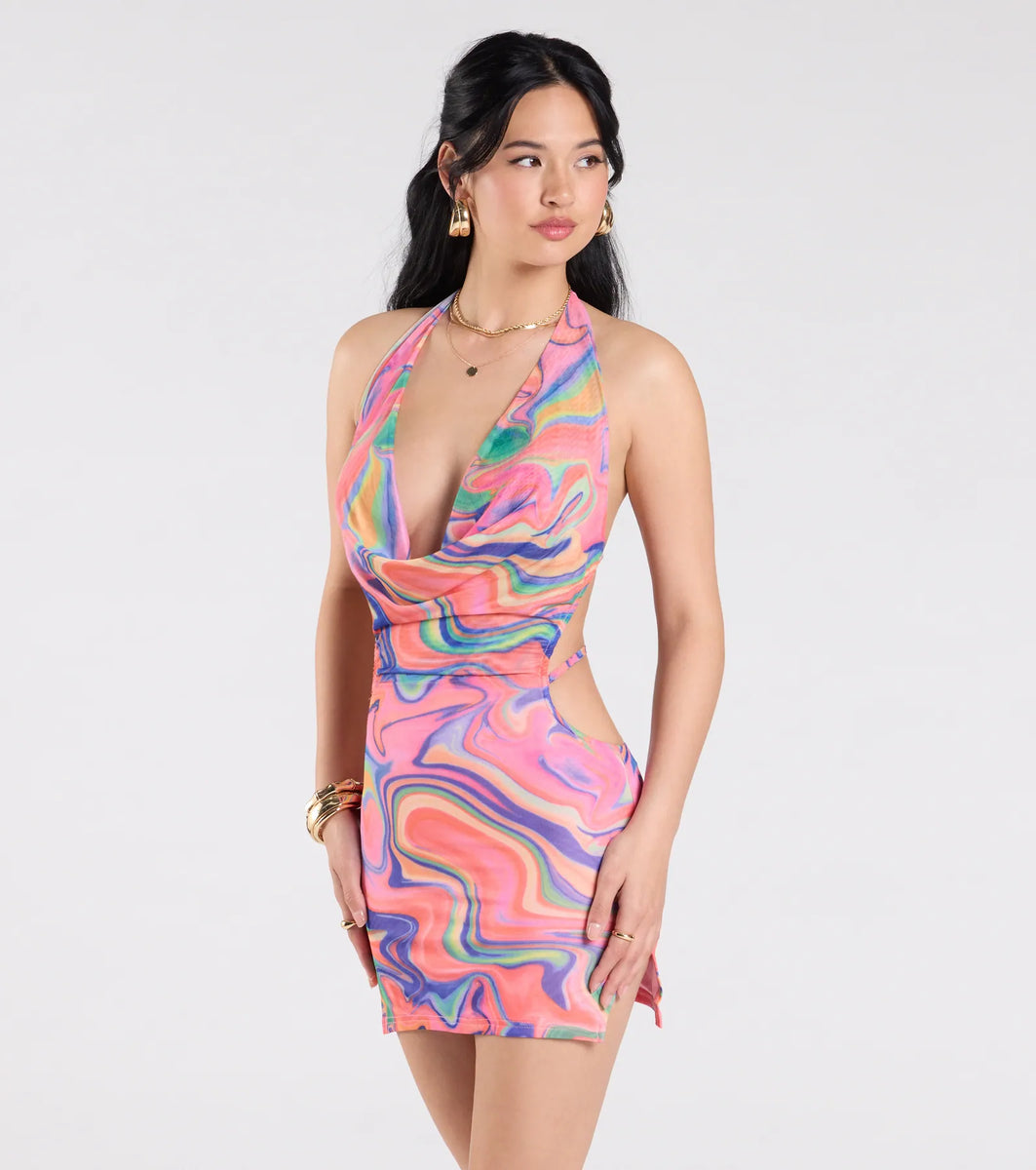 Bring The Heat Halter Open Back Abstract Mini Dress | Windsor