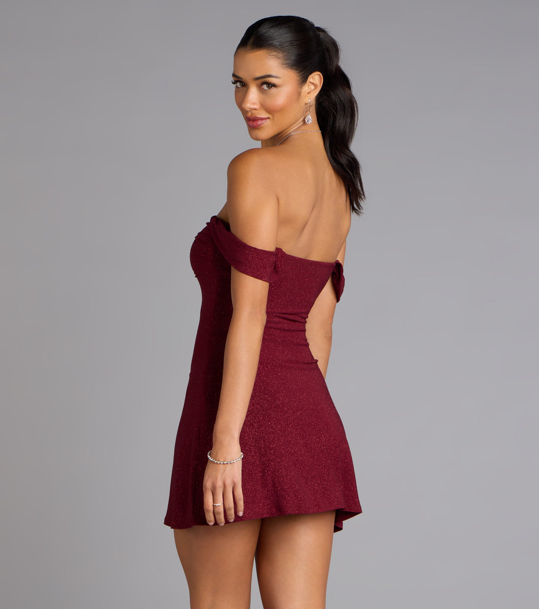 Classic Glitz Glitter Knit Off-The-Shoulder Mini Dress Classic Glitz Glitter Knit Off-The-Shoulder Mini Dress