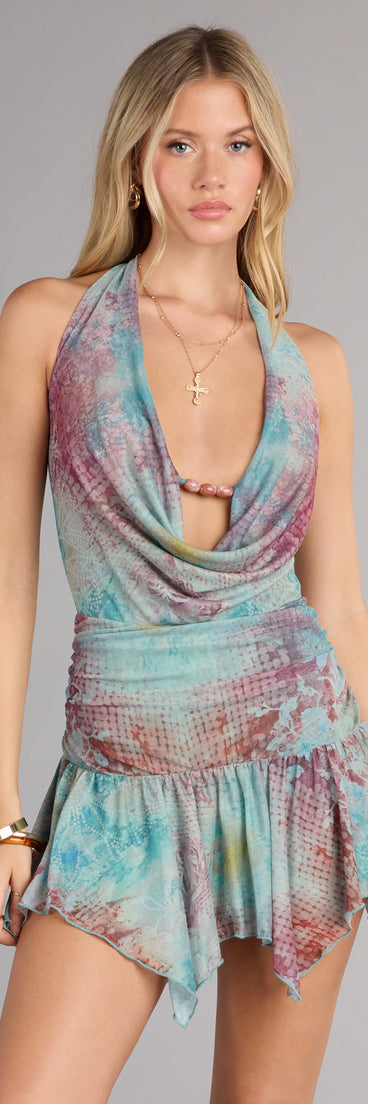 The Goddess Glow Abstract Print Halter Mini Dress is your new go-to Windsor dress—effortless, versatile, and made to update your fall style in seconds.